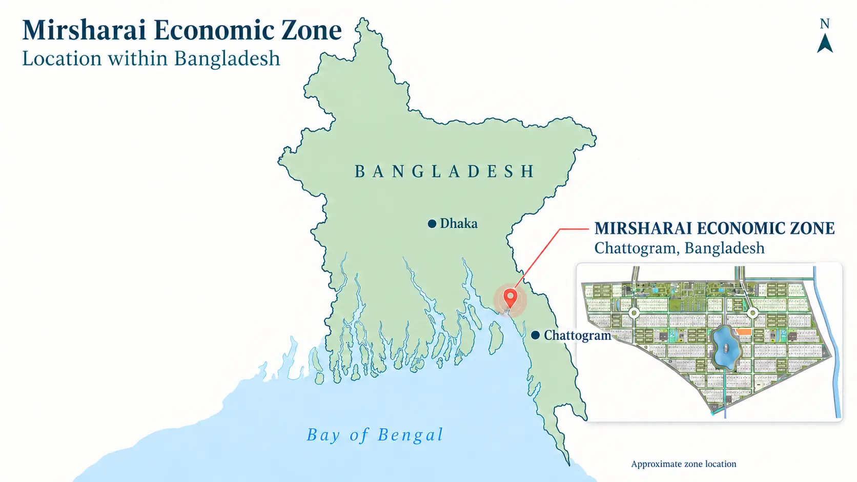 Map of Bangladesh showing the location of Mirsharai Economic Zone in Chattogram, on the Bay of Bengal