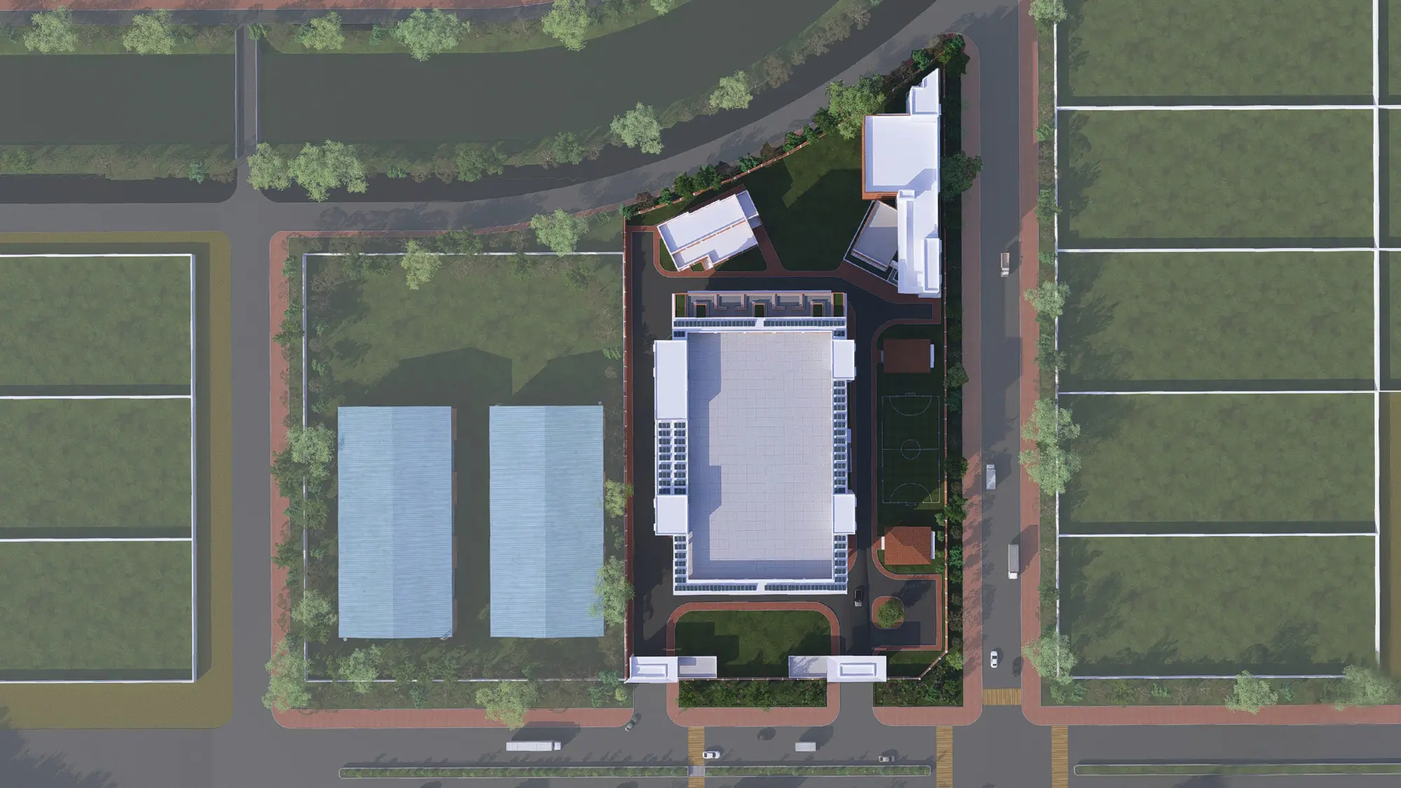 Aerial site plan of October4128 (BD) Ltd. showing the factory building, wellness center, EM room, child care, futsal court, doctor chamber and gate house